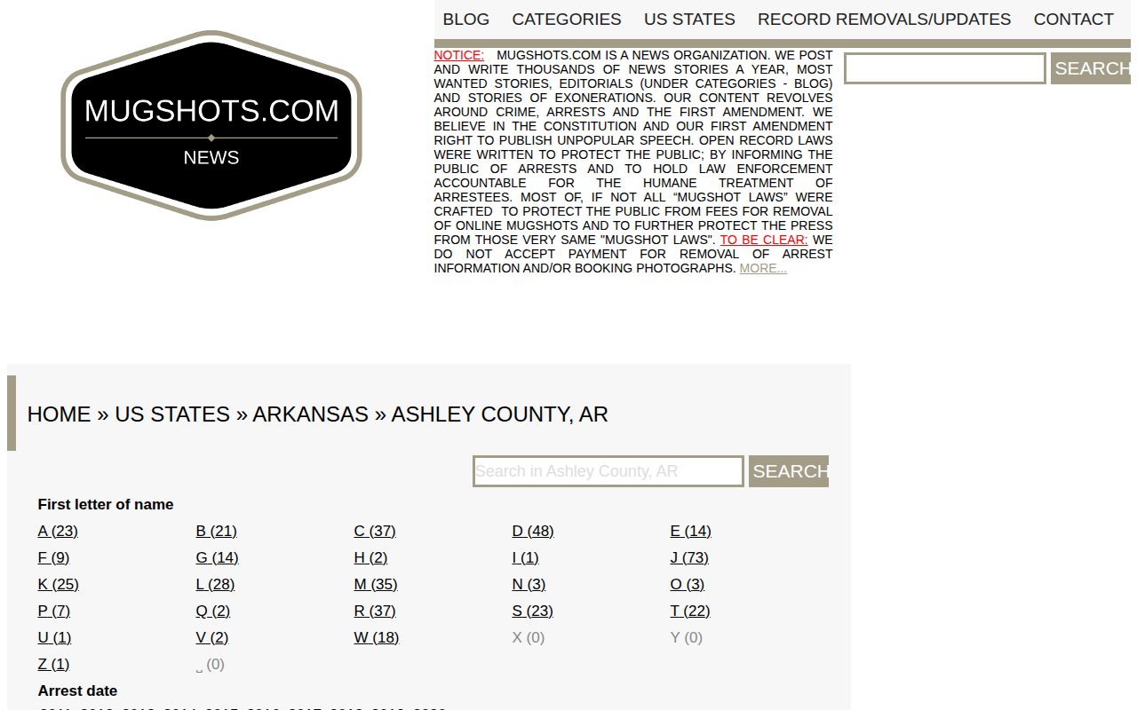 Unofficial archival Ashley County mugshot section requiring court verification