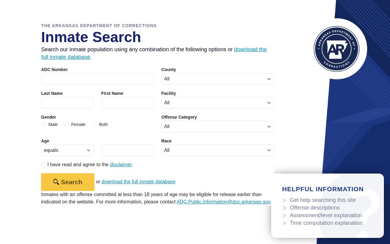 Ashley County Arkansas DOC offender record search form