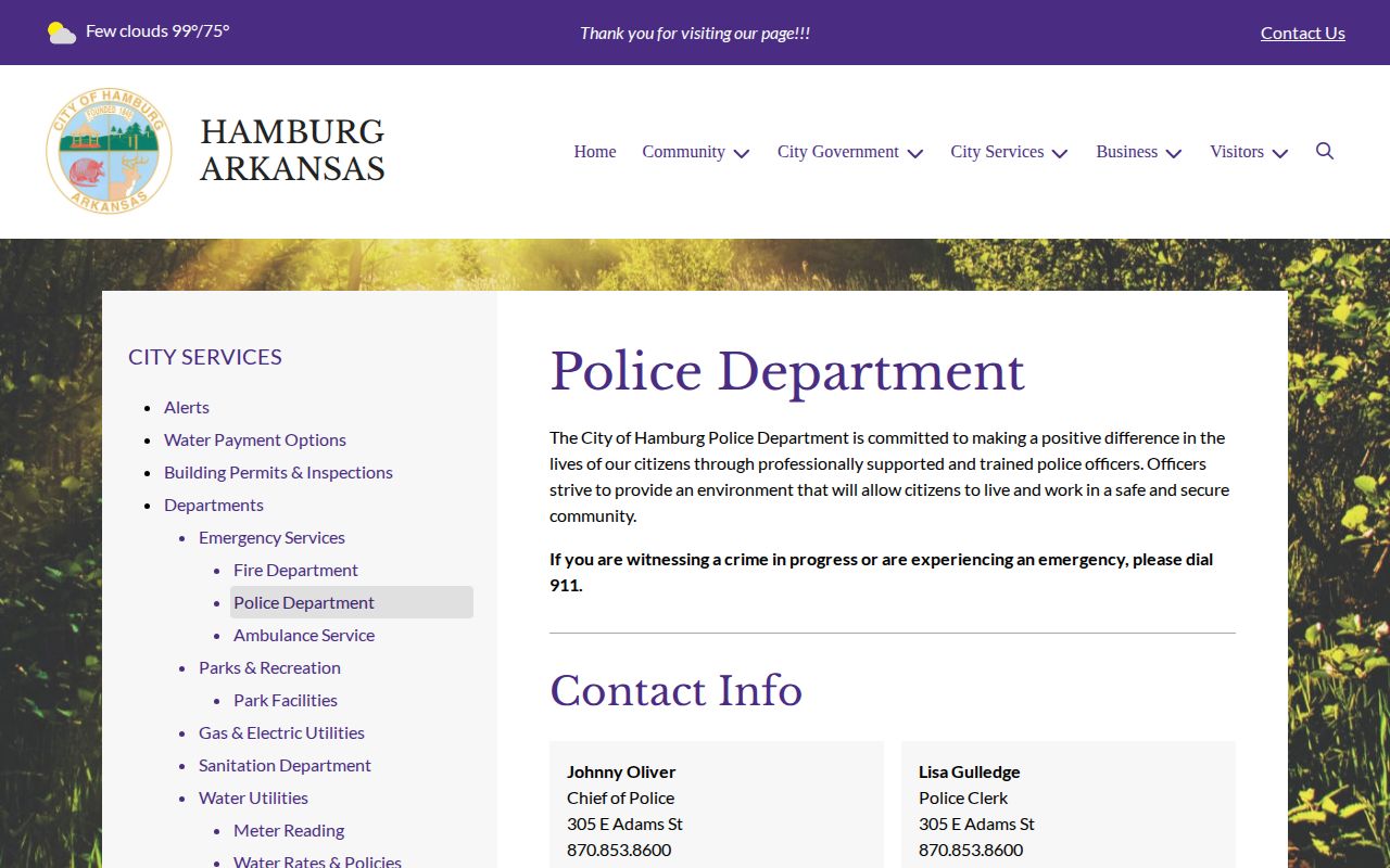 Hamburg Police Department contact page for arrest records